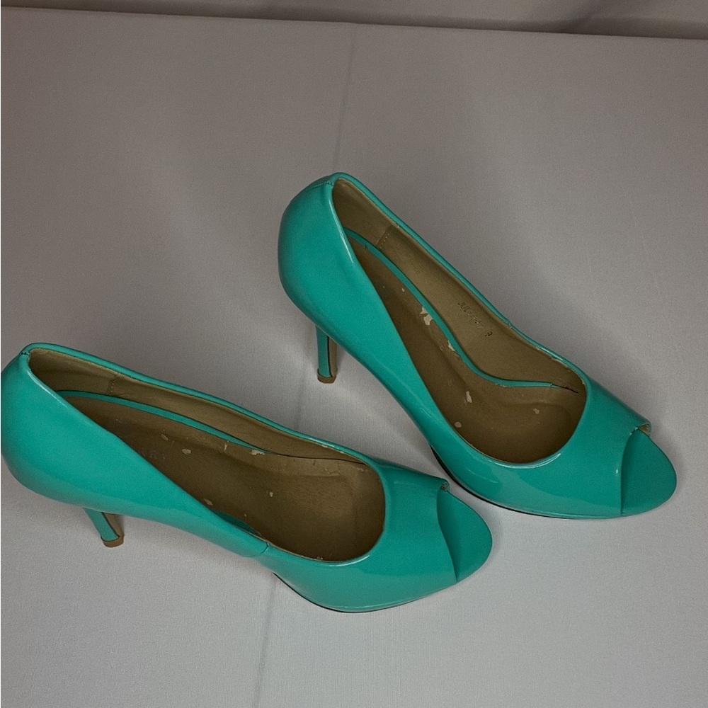 4 inch Elegant Teal Peep-Toe Heels - Picture 2 of 4
